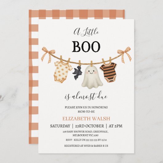 Moderne Orange Clothesline Kleine Boo Baby Dusche Einladung (Vorne/Hinten)