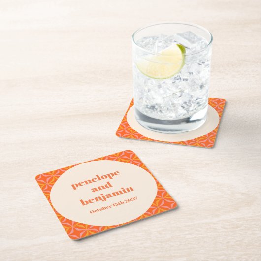Moderne Orange Custom Wedding Mitte des Jahrhunder Rechteckiger Pappuntersetzer (Vor Ort)
