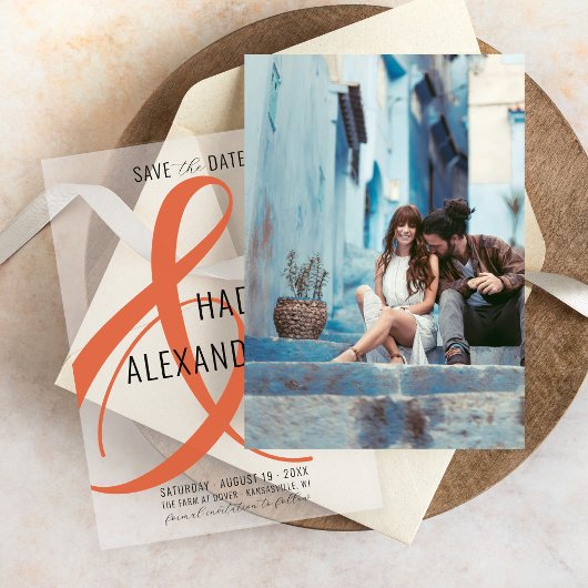 Moderne ORANGE Foto Underlay Wedding Save The Date