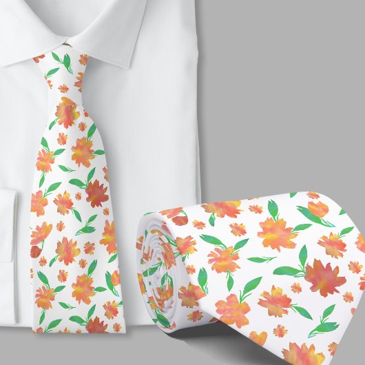 Moderne orange-grüne Aquarellblumen Krawatte