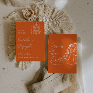 Moderne orange handgezeichnete Retro-Sommerhochzei Save The Date