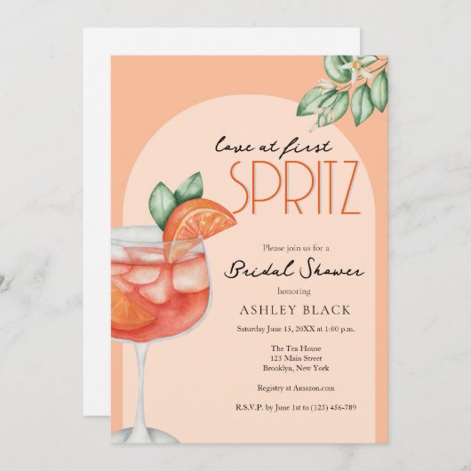 Moderne Orange Liebe im First Spritz Brautparty Einladung (Vorne/Hinten)