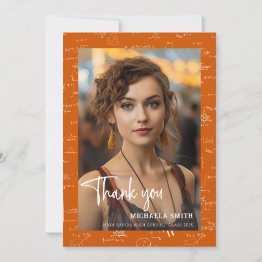 Moderne Orange Mathe-Schrift Foto-Abschluss Dankeskarte (Vorderseite)