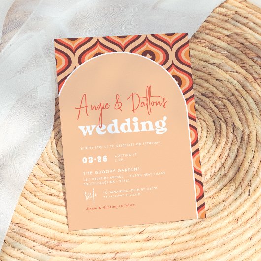 Moderne Orange Retro Arch Wedding Einladung