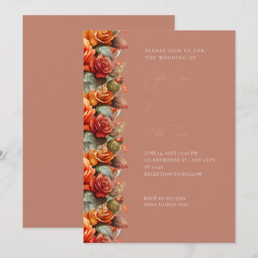 Moderne orange Rose fallen braune Hochzeit Einladung (Vorne/Hinten)