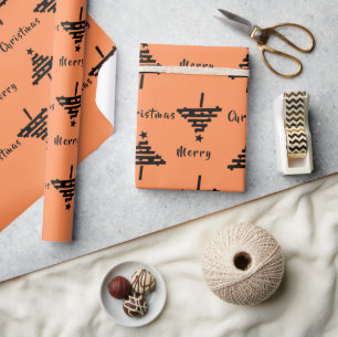 Moderne Orange Schwarze Weihnachtsbaum-Muster Feie Geschenkpapier