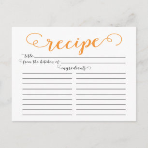 Moderne Orange Script Brautparty Rezeptkarten Postkarte