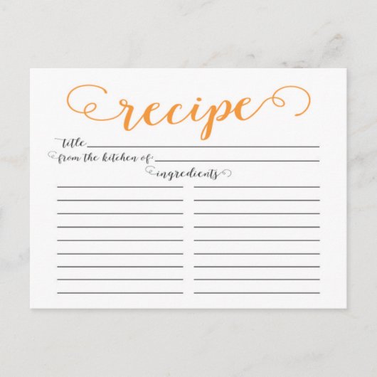 Moderne Orange Script Brautparty Rezeptkarten Postkarte (Vorderseite)