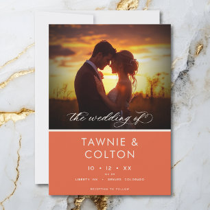 Moderne Orange Sunset-Schrift Foto Minimale Hochze Folieneinladung