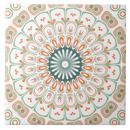 Moderne Orange und Grüne Mandala-Muster Fliese (Vorderseite)