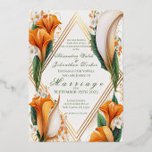 Moderne Orange und Ivory Calla Lilies Wedding Folieneinladung (Vorderseite)