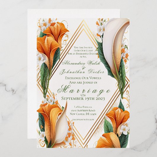 Moderne Orange und Ivory Calla Lilies Wedding Folieneinladung (Vorderseite/Rückseite)