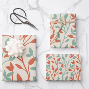 Moderne Orange- und Salbeibotanik-Rankenmuster Geschenkpapier Set