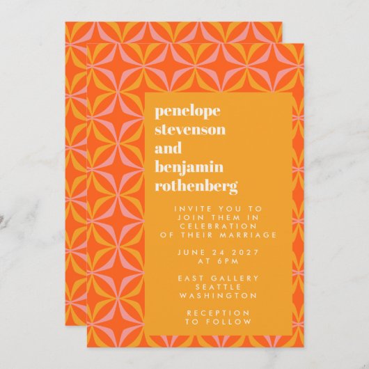 Moderne Orange Yellow Retro Typografy Wedding Einladung (Vorne/Hinten)