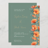 Moderne orangefarbene Blume fallen grüne Hochzeite Einladung (Vorne/Hinten)