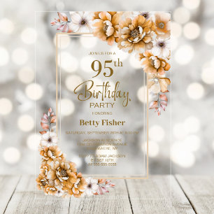Moderne orangefarbene Blumen zum 95. Geburtstag Acryleinladungen
