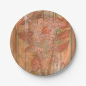 Moderne orangefarbene Blütendrucke auf gestreiftem Pappteller (Vorderseite)