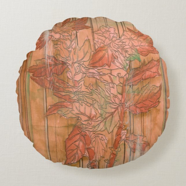 Moderne orangefarbene Blütendrucke auf gestreiftem Rundes Kissen (Vorderseite)