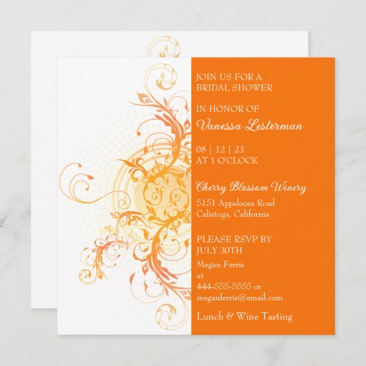 Moderne orangefarbene Brautdusche Einladung (Vorne/Hinten)