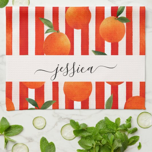 Moderne orangefarbene Früchte Musterschrift Geschirrtuch (Gefaltet)