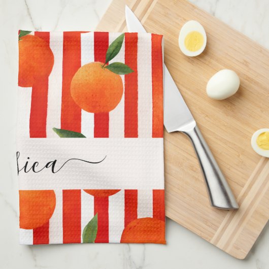 Moderne orangefarbene Früchte Musterschrift Geschirrtuch (Viertel Falte)