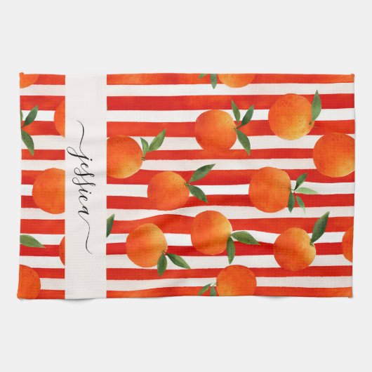 Moderne orangefarbene Früchte Musterschrift Geschirrtuch (Horizontal)