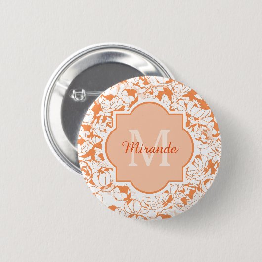 Moderne orangefarbene Girl-Monogramm mit Namen Button (Vorne & Hinten)
