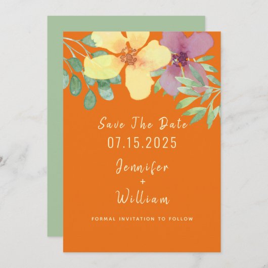 Moderne Orangefarbene Hochzeit Save The Date (Vorne/Hinten)