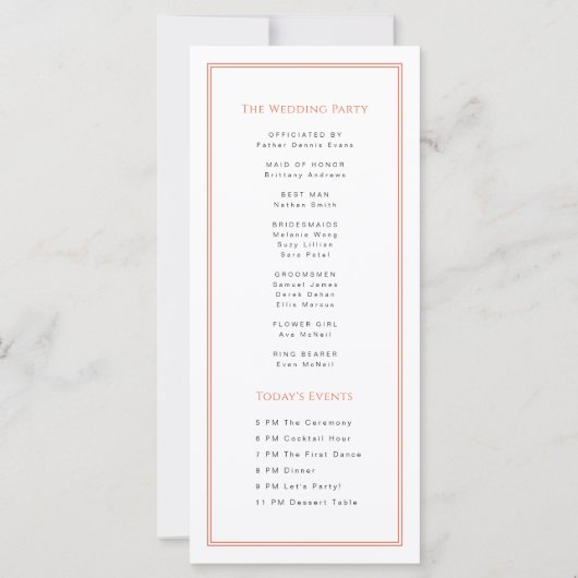 Moderne orangefarbene Hochzeitskarte (Rückseite)