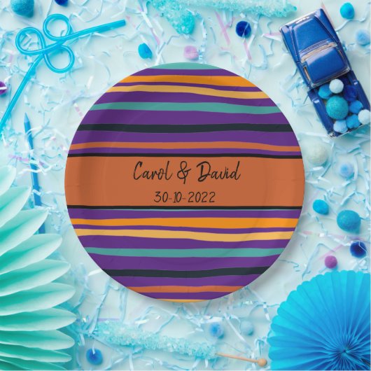 Moderne Orangefarbene Lila Halloween-Hochzeit Pappteller (Party)