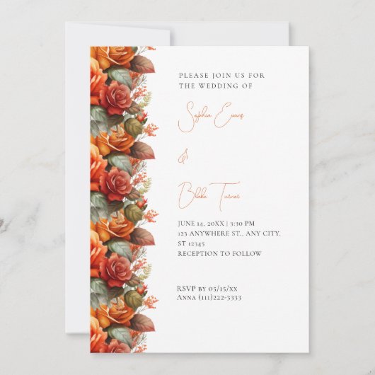 Moderne orangefarbene Rose fallen White Wedding Einladung (Vorderseite)