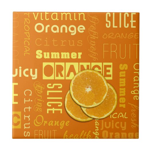 Moderne orangefarbene Typografie Fruchtscheibe Fliese (Vorderseite)
