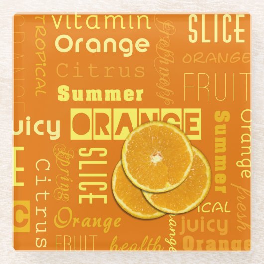 Moderne orangefarbene Typografie Fruchtscheibe Glasuntersetzer (Vorderseite)