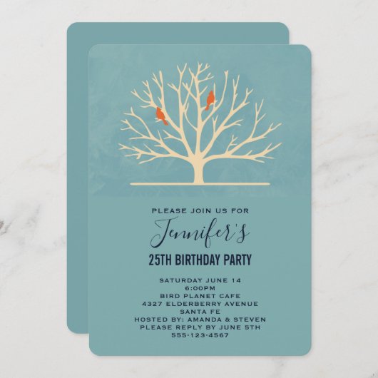 Moderne orangefarbene Vögel in einem großen Baum z Einladung (Vorne/Hinten)