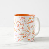 moderne orangefarbene, weiße handgeschriebene Name Zweifarbige Tasse (VorderseiteRechts)