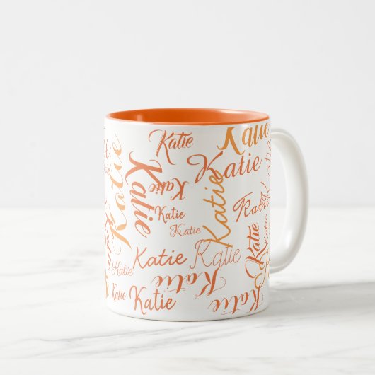 moderne orangefarbene, weiße handgeschriebene Name Zweifarbige Tasse (VorderseiteRechts)