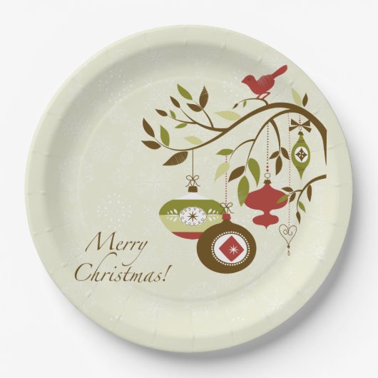 Moderne Ornamente Bird on Tree Frohe Weihnachten Pappteller (Vorderseite)