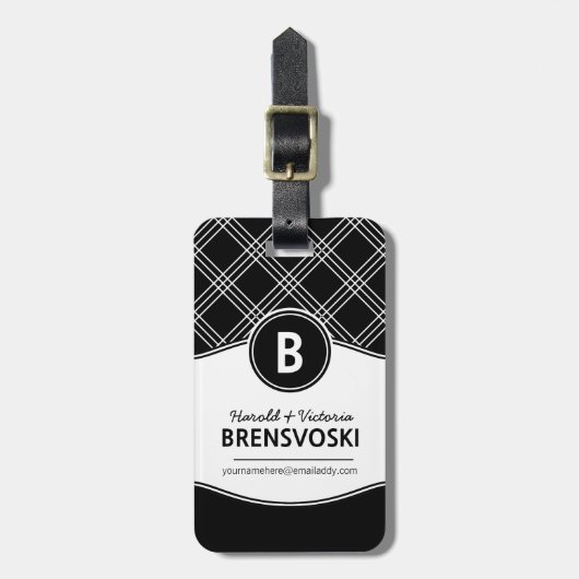 Moderne Paar-Schwarzweiss-Monogramm Gepäckanhänger (Vorderseite vertikal)