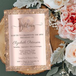 Moderne Pailletten Rahmen Rose Gold 18. Geburtstag Einladung