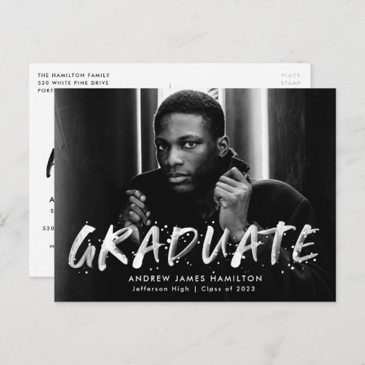 Moderne Paint Spritzer Foto Graduation Party Einladungspostkarte (Vorne/Hinten)