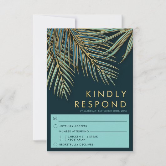 Moderne Palm Gold Aquamarin Beach Hochzeitsfeier RSVP Karte (Vorderseite)