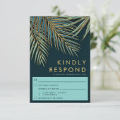 Moderne Palm Gold Aquamarin Beach Hochzeitsfeier RSVP Karte (Stehend Vorderseite)