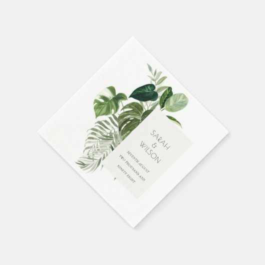 Moderne Palm Green Leafy Tropical Foliage Hochzeit Serviette (Ecke)
