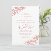 Moderne Palmblätterleine Rose Gold Tropical Weddin Einladung (Stehend Vorderseite)