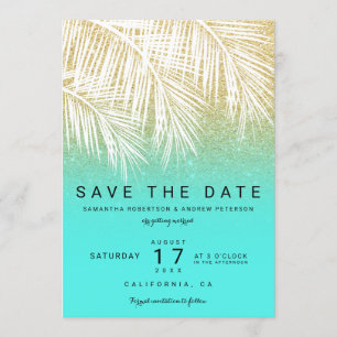 Moderne Palme Gold Aqua Save the Date Einladung