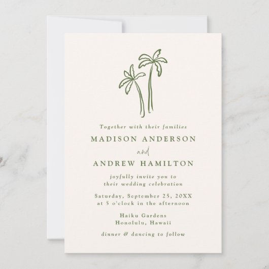 Moderne Palmen Creme QR Code in einer Hochzeit Einladung (Vorderseite)