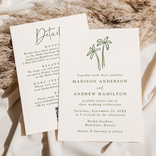 Moderne Palmen Creme QR Code in einer Hochzeit Einladung