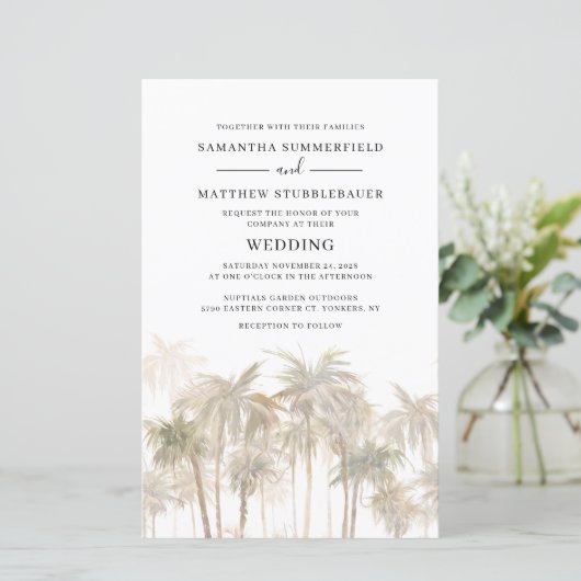 Moderne Palmen Küstenhochzeit Einladung (Stehend Vorderseite)