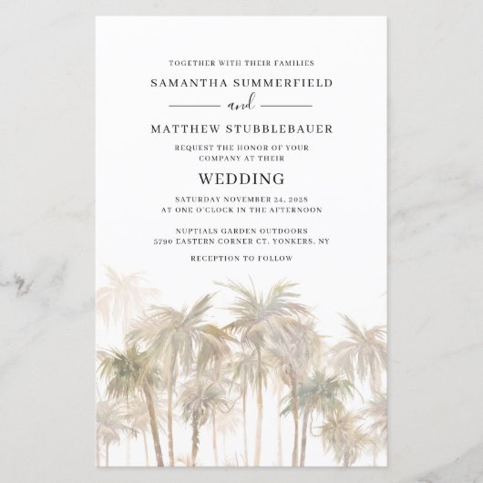 Moderne Palmen Küstenhochzeit Einladung (Vorderseite)