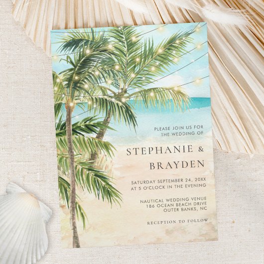 Moderne Palmenbaum-Lichter Tropical Beach Hochzeit Einladung